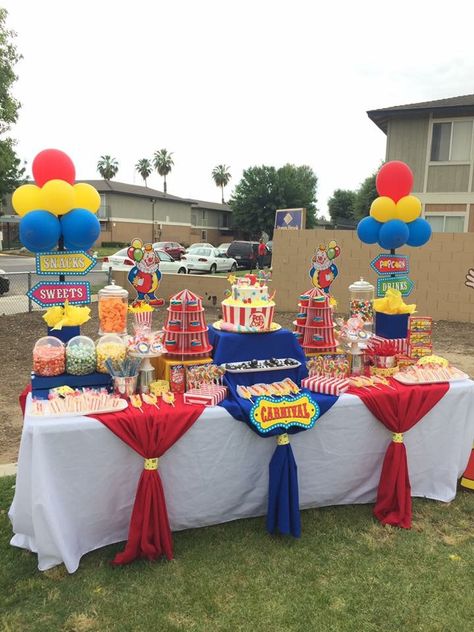 Dessert Table - Circus Carnival Birthday Party Set Up, Carnival Theme Candy Table, Carnival Theme Appetizers, 3rd Carnival Birthday Party, Circus Party Game, Carnival Theme Party Table Set Up, Carnival Themed Table Decor, Carnival Candy Table Ideas, Carnival Sweets Table