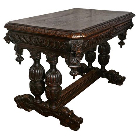 19th century green man carved oak hall or centre table This is an intricately and very attractive piece, of Gothic carved oak furniture. The carving is Fine and very detailed and the oak has an good patina There is a long drawer along one side, the frieze on the other side is carved to match but with no drawer, so good to look at from all sides, the table has very attractive carved legs At the corners there are carvings of lions heads or the Green Man and the feet are the heads and curved scaly Medieval Table, Medieval Room, Gothic Table, Whimsical Bedroom, The Green Man, Revamp Furniture, Medieval Furniture, Rosewood Table, Dark Wood Furniture