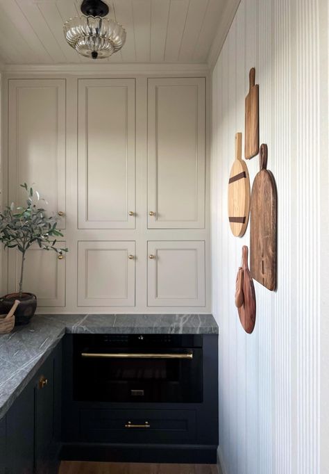 Galaxy Grey Granite, Grey Kitchen Countertops, Erin Conway, Kismet House, Timeless Kitchen Design, Pantry Layout, House Pantry, Sage Green Kitchen, Artistic Tile