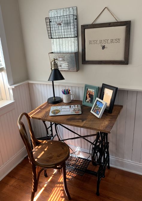 Table From Sewing Machine, Antique Sewing Machine Table Repurposed Ideas, Sewing Machine In Bedroom, Antique Singer Sewing Machine Ideas, Antique Sewing Table Repurposed, Singer Sewing Table Repurpose, Sewing Machine Base Repurposed, Repurposed Singer Sewing Machine Base, Singer Table Repurpose