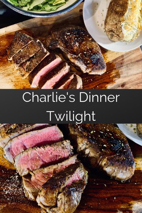 Charlie's Dinner : Twilight - Fictitiously Delicious Steak Baked Potato, Twilight Christmas, Steak Marinade Easy, Twilight Party, Steak And Potatoes, Best Baked Potato, Movie Night Food, Mushroom Ravioli, Twilight Bella