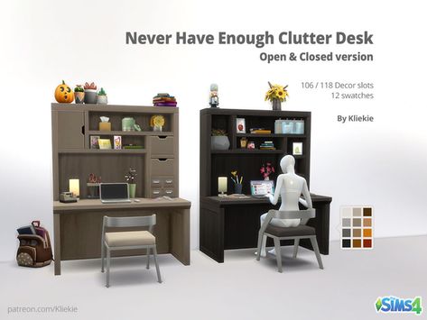 Never Have Enough Clutter Desk | Kliekie on Patreon Sims 4 Office, Sims 4 Clutter, Sims 4 Mm Cc, Casas The Sims 4, Sims 4 Mm, Sims House Design, Sims Four, Sims 4 Cc Packs, Sims 4 Cc Furniture