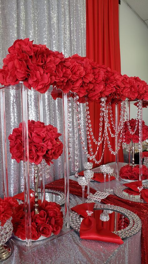 Red and silver table decor Red And Grey Wedding Decorations, Silver And Red Wedding Decorations, Red Silver And White Wedding, Red And Silver Party Decor, Quinceanera Red And Silver Theme, Red White Silver Party Theme, Red And Silver Table Decorations, Quince Decorations Red And Silver, Red And Silver Sweet 16