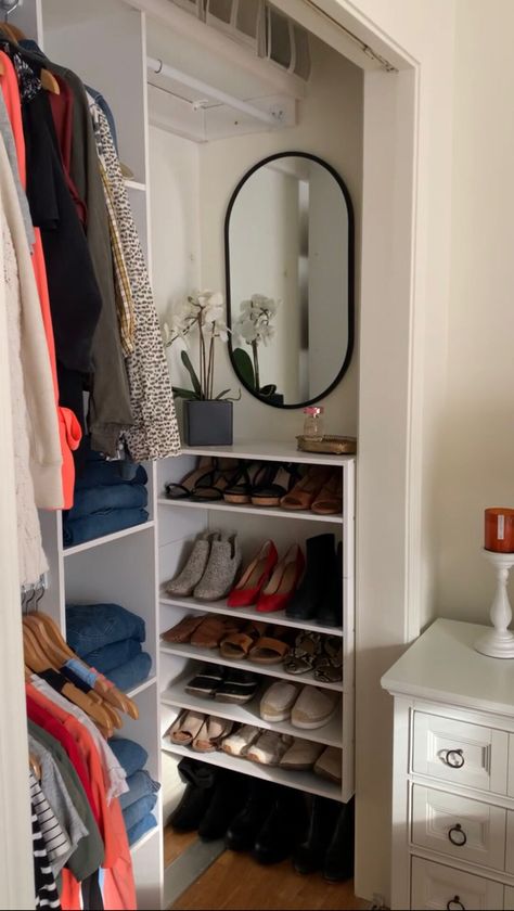 Shared Small Closet, Small Closet Makeover, Closet Maid, Closet Units, Small Walk In Closet, Messy Closet, Shared Closet, Closet Rack, Narrow Shelves