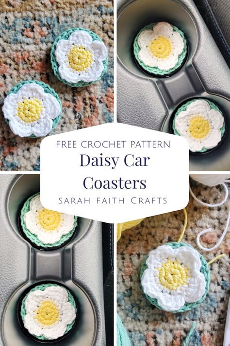 Crochet Cup Coaster, Car Cup Holder Coaster, Faith Crafts, 17 August, Knitting And Crochet Patterns, Crochet Car, Flower Car, Crochet Daisy, Cup Holder Coasters