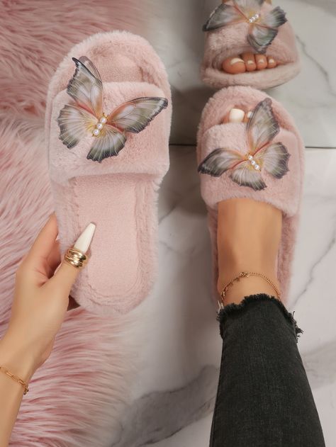 Dusty Pink Fashionable Collar   Plain Novelty Slippers Embellished   Women Shoes Fluffy Bedroom, Easy Crochet Slippers, Crochet Slipper, Fluffy Shoes, Women Slippers Fashion, Crochet Slipper Pattern, Bedroom Slippers, Shoes Outfit Fashion, Cute Slippers