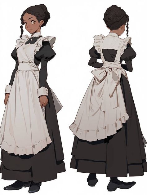 Servant Outfits Female, Maid Concept Art, Maid Outfit Reference, Maid Outfit Aesthetic, Anime Servant, Victorian Maid Uniform, Maid Dress Drawing, Maid Outfit Drawing, Servant Outfit