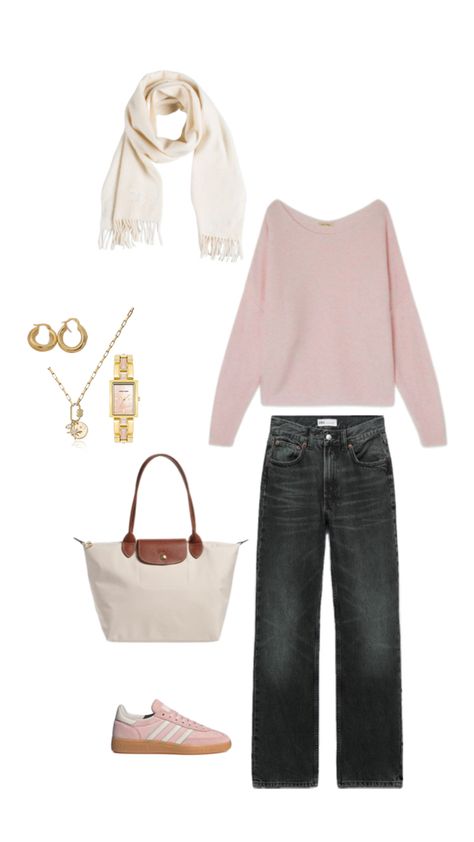 fall, outfit inspo, adidas, pink, autumn, cozy, longchamp Winter Clothes Inspo Outfit, Fall Outfits Blonde Hair, Autumn Outfits Cozy, Canadian Spring Outfits, Fall France Outfit, Pink Scarf Outfit Winter, Winter Outfit Capsule, Light Pink Sweater Outfit, Pink Winter Outfits