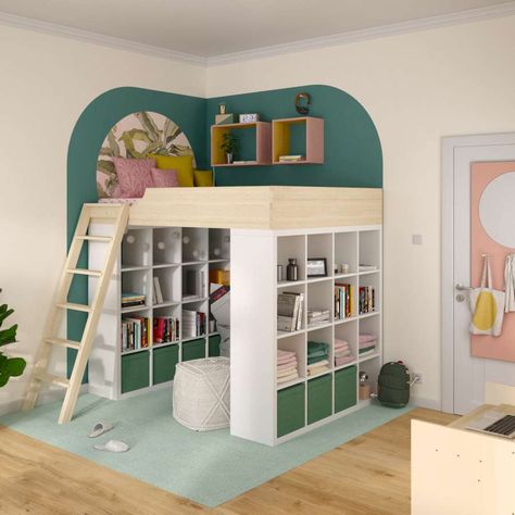 Kallax Kids Room, Ikea Loft, Ikea Bunk Bed, Ikea Loft Bed, Loft Bed Plans, Bed In Closet Aesthetic, Diy Loft Bed, Bed In Closet Ideas, Closet Aesthetic