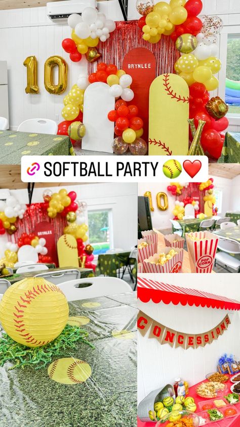 Softball Birthday Party Ideas Diy, End Of Year Softball Party, Softball Themed Party, Softball Bday Party Ideas, Baseball/softball Birthday Party, Softball Themed Birthday Party Games, Softball Sweet 16 Party Ideas, Softball Birthday Party Ideas Food, Softball Birthday Party Decorations