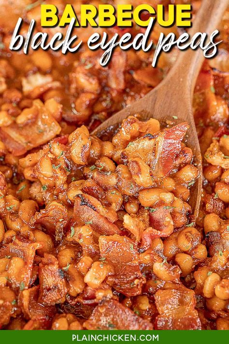 BBQ Black Eyed Peas - the BEST baked beans EVER! Perfect side dish for all your summer cookouts and potlucks. Black eyed peas baked in ketchup, BBQ sauce, mustard, Worcestershire sauce, brown sugar, onion, garlic, salt, pepper, and bacon. Can make in advance and refrigerate or freeze for later. These baked beans are perfect for Memorial Day and 4th of July cookouts. Best Baked Beans Ever, Blackeyed Pea Recipes, The Best Baked Beans, Chili Dog Chili Recipe, Crock Pot Baked Potatoes, Best Baked Beans, Black Eyed Peas Recipe, Easy Baked Beans, Recipes Sides