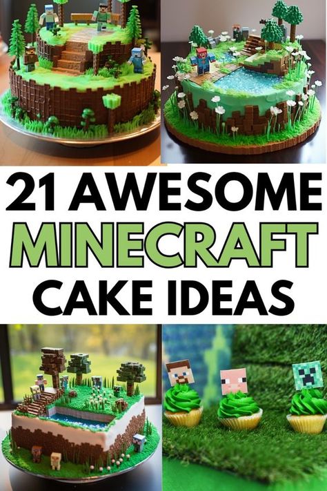 21 AMAZING Minecraft cake ideas that would be great for your next Minecraft party. These fun, awesome Minecraft cakes will inspire you. DIY tutorials, recipes, and cake ideas. Perfect for your Minecraft gamer! Easy Diy Minecraft Birthday Cake, Mind Craft Birthday Party Ideas, Mario Minecraft Birthday Party, Mind Craft Birthday Cake, Minecraft Party Ideas Decoration Diy, Enderdragon Minecraft Build, Mind Craft Cakes For Boys, Minecraft Pinata Diy, Homemade Minecraft Cake