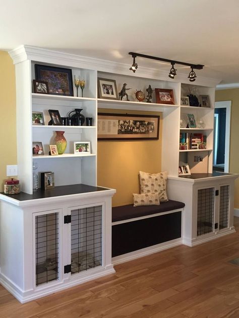 Dog kennels, bench seat with storage and built in bookshelves. Bench Seat With Storage, Kennel Diy, Seat With Storage, Built In Bookshelves, Diy Dog Crate, Ikea Inspiration, Dog Kennel Furniture, Diy Dog Kennel, Diy Entertainment