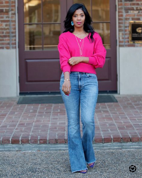 Pink Peplum Top Outfit, Jeans With Pink Top, Hot Pink Cardigan Outfit, Hot Pink Top Outfit, Hot Pink Shirt Outfit, Leather Jacket Outfit Spring, Pink Blouses Outfit, White Jeans Outfit Summer, Pink Jeans Outfit