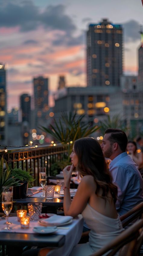 "Rooftop Dinner Date: An enchanting evening awaits as a #romantic #rooftop #dinner overlooking the #urban #cityscape. #couple #sunset #romanticdinner #aiart #aiphoto #stockcake ⬇️ Download and 📝 Prompt 👉 https://stockcake.com/i/rooftop-dinner-date_687382_943534" Rooftop Dinner Date, Rooftop Dinner, Couple Sunset, Urban Cityscape, Romantic City, Rooftop Restaurant, Skyline View, High Rise Building, Romantic Evening