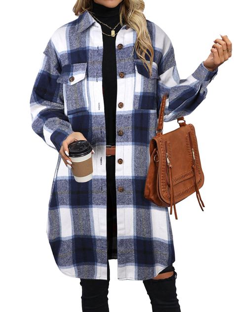 PRICES MAY VARY. Soft & Warm Shacket Jacket Women: The oversized button down shirts for women are made of high quality flannel, the fabric is soft, wearable, warm and comfortable to wear, most suitable for fall and winter season. Classic Long Plaid Shacket: The womens jacket features classic plaid elements with brown buttons for a retro-chic look. The button down shirts for women has a loose fit and its casual boyfriend style is perfect for street wear. Long Flannel Jacket: The womens winter coa Womens Shacket, Long Flannel Shirt, Long Flannel, Plaid Clothing, Fall Winter Jacket, Jackets Casual, Oversized Button Down Shirt, Plaid Shacket, Womens Coats