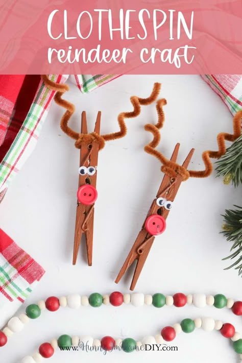 Clothespin Reindeer Ornaments Christmas Craft for Kids Easy Classroom Ornaments, Reindeer Crafts Preschool, Raindeer Ornaments, Clothespin Reindeer, Christmas Reindeer Craft, Reindeer Clothespin, Easy Christmas Crafts For Toddlers, Reindeer Christmas Ornaments, Clothes Pin Ornaments