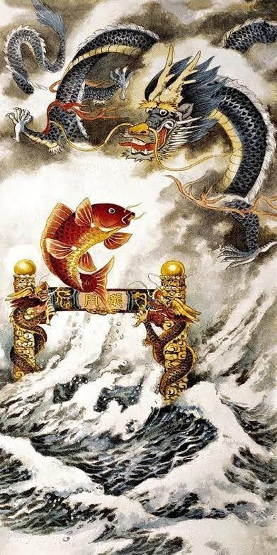 Pondering🔮 on X: "This Masterpiece is inspired by Chinese and Japanese myths. It tells the story of a koi fish swimming upstream, crossing the Heaven's Gate and transforming into a dragon. (continue) https://t.co/OuwjpbVzIk" / X Dragon Gate, Koi Fish Swimming, Japanese Myth, Scroll Art, Scroll Painting, Wall Scroll, Heaven's Gate, Japanese Koi, Chinese Mythology