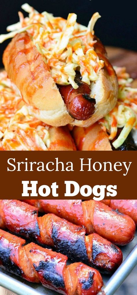 Sriracha Honey Hot Dogs. Unbelievably delicious hot dogs glazed with sriracha honey sauce, grilled to caramelized perfection and topped with cool nutty coleslaw. #hotdog #coleslaw #sriracha Seasoned Hot Dogs, Gourmet Hotdogs Recipes, Marinated Hot Dogs Recipes, Meals With Hot Dogs, Unique Hot Dog Toppings, Fancy Hot Dogs, Football Sandwiches, Hotdogs Recipes, Grilled Hot Dogs