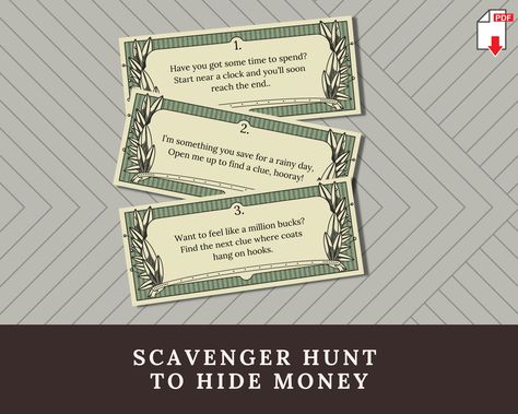 Money Scavenger Hunt, Printable Money, Hide Money, Treasure Hunt Clues, Halloween Class Party, Scavenger Hunt Clues, Birthday Money, Scavenger Hunts, Wedding Money