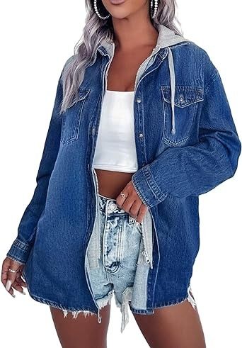 CYLADY Oversized Jean Jacket With Hoodie Long Boyfriend Vintage Lightweight Shackets with Pockets for Women Girls at Amazon Women’s Clothing store Jean Jacket With Hoodie, Denim Shacket, Jackets Vintage, Oversized Jean Jacket, Oversized Jeans, Oversized Jacket, Jean Jackets, Amazon Women, Long Hoodie