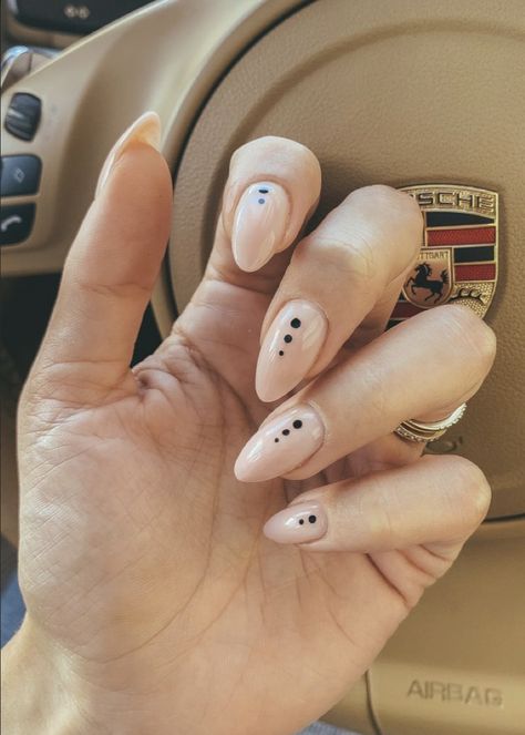 3 Dot Nail Art, Color Dot Nails, Nails With Two Dots, Nails Acrylic Dots, Almond Nails Dot Design, Beige Nail Art Design, Neutral Nails With Dots, 3 Dot Nails, Almond Nails With Dots Simple