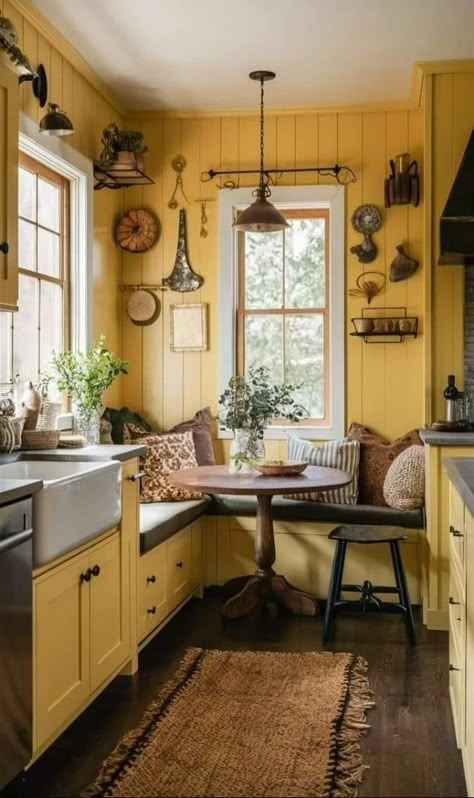 Yellow And Brown Kitchen, Yellow Walls Kitchen, Kitchen With Yellow Accents, Colorful Cottage Kitchen, Kitchen Yellow Walls, Yellow Farmhouse Kitchen, Vintage Modern Cottage, Vintage Yellow Kitchen, Bright Farmhouse