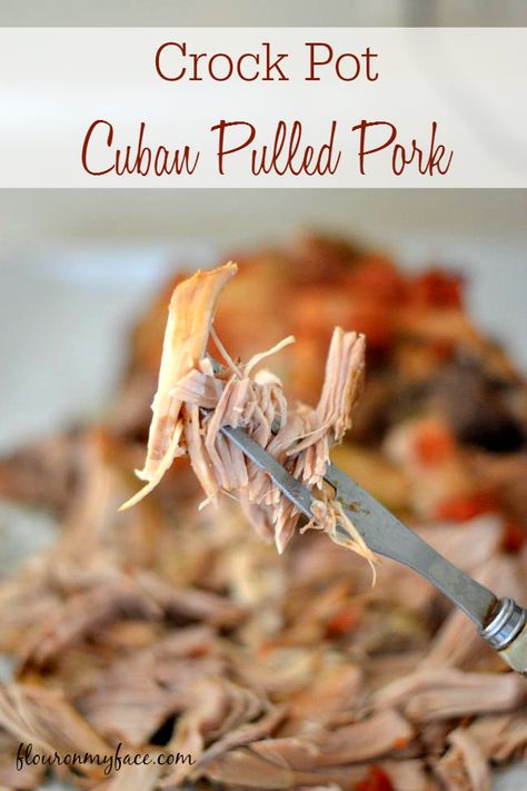 Crock Pot Cuban Pulled Pork recipe with homemade mojo marinade via flouronmyface.com Pulled Pork Crock Pot Recipes, Pork Crock Pot Recipes, Pulled Pork Crock Pot, Cuban Pulled Pork, Pork Crock Pot, Pulled Pork Crock, Mojo Marinade, Pork Crock, London Broil Recipes