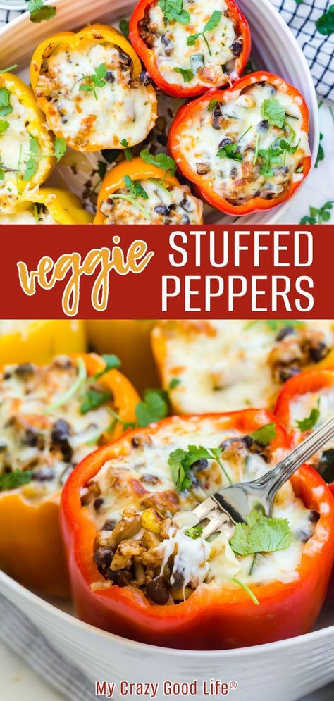 These vegetarian Mexican stuffed peppers are filled with hearty veggies and seasoned with homemade taco seasoning, then topped with melted cheese and fresh cilantro. If you’re going meat free for Meatless Monday, this is a tasty gluten free and vegetarian recipe that your whole family will love. Veg Stuffed Bell Peppers, Veggie Stuffed Peppers, Mexican Stuffed Peppers, Vegetarian Stuffed Peppers, Meals Without Meat, Stuffed Peppers Recipe, Vegetarian Mexican, Veggie Dinner, Favorite Recipes Dinner