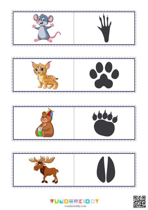 An educational game for children from 4 years old «Animal footprints» will help to revise and supplement kids` knowledge about animals. During the game, children will develop logical thinking and memory.  Print the material with the development task and cut it into cards. There are two groups of cards: with animals and their footprints. In the task, child needs to guess which animal the tracks belong to and match the pairs.  First, ask your baby to name the animals on the cards and tell him abou Animal Feet Drawing, Matching Activity For Preschoolers, Animal Matching Game, Feet Drawing, Activity For Preschoolers, Animal Footprints, Animal Worksheets, Winter Kindergarten, Learning Cards