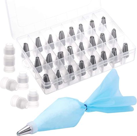 Store New Arrivals Feedback Contact   36 Pieces Piping Bags and Nozzles with 6 Reusable Silicone Piping Bags and 24 Stainless Steel Nozzles for Cake Decorating,6 Couplers for Icing Bags     24 Pieces of different stainless steel cake nozzles, 6 reusable piping bags icing bags in 3 sizes (12" 14" 16"), and 6 reusable plastic couplers The decorating tips are made of high-quality stainless steel and it has 24 styles that allow you to create many different styles All 6 reusable icing bags are made of sturdy food-grade silicone, it withstands powerful extrusion use and has a precut hole which is more convenience The coupler fits for standard-size pastry tip piping bag, can be easily switched out the tips if you want to exchange the pattern All the pieces are reusable and dishwasher safe. ideal Diy Icing, Cake Nozzles, Icing Tools, Baking Hobby, Cake Decorating Kit, 27 Piece, Icing Nozzles, Novelty Birthday Cakes, Icing Piping Nozzles