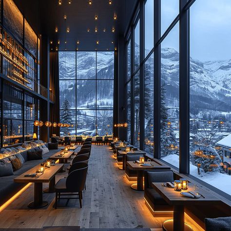 A modern hotel on a snowy winter day in|Visualization Scandinavian Hotel Interior, Mountain Hotels Design, Cabin Hotel Design, Glass Houses Architecture, Mountain Hotel Lobby, Mountain Hotel Interior, Mountain Restaurant Design, Mountain Hotel Room, Ski Hotel Interior