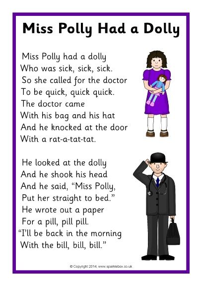 Miss Polly Had a Dolly Song Sheet (SB11711) - SparkleBox Miss Polly Had A Dolly Activities Eyfs, Lullaby Lyrics, Nursery Ryhmes, Miss Polly Had A Dolly, English Poem, Nursery Rhymes Poems, Old Nursery Rhymes, Rhymes Lyrics, Nursery Rhymes Lyrics