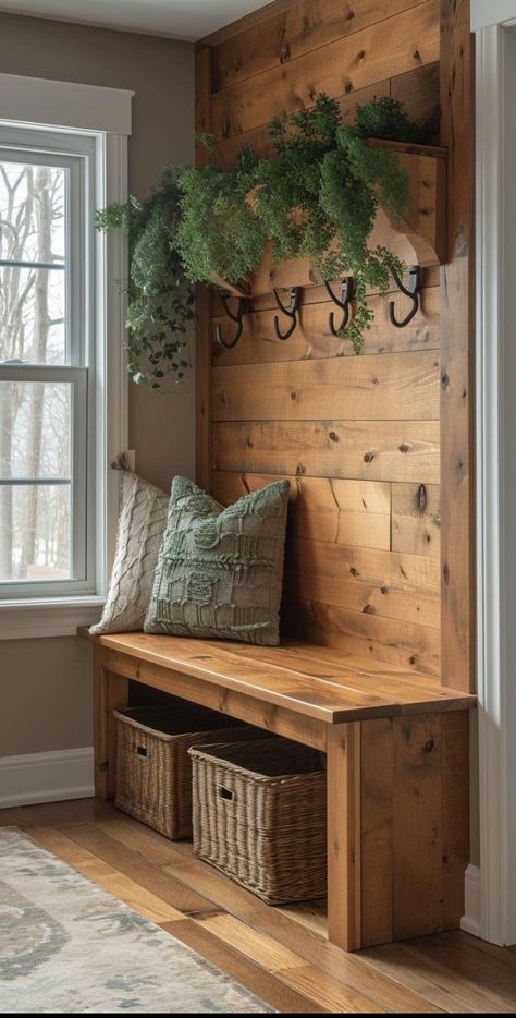 Den Decorating Ideas Cozy Rustic, Mud Porch Ideas, Entry Shelves Entryway, Rustic Mudroom Bench, Country Farmhouse Mudroom, Cabin Mudroom Ideas, Mountain Home Furniture, Halltree Entryway Ideas, Outdoor Mudroom Patio