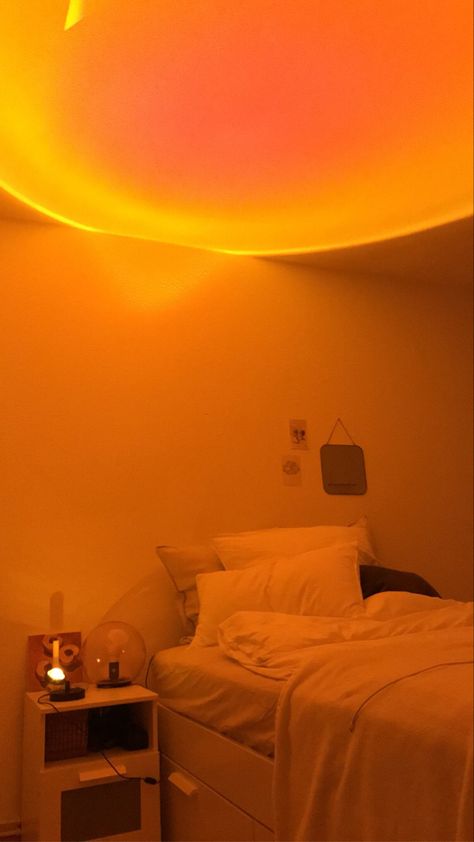 Warm Tone Lights, Orange Lighting Room, Warm Lighting Bedroom Aesthetic, Yellow Light Room, 60s Room Aesthetic, Orange Room Aesthetic, Warm Lighting Bedroom, Mood Lighting Bedroom, Warm Light Lamp