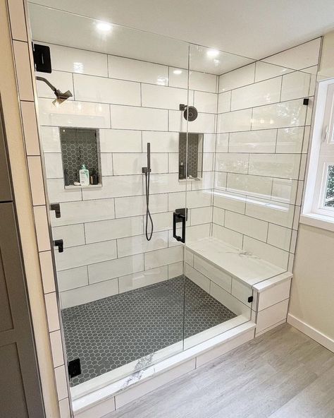 Bathroom Remodel Double Shower Head, Farmhouse Walkin Showers, Farmhouse Master Bath Shower Ideas, Tile Shower Farmhouse, Modern Farmhouse Shower Ideas, Bathroom Shower Ideas Walk In, Tile Showers Walk In, Walkin Shower Ideas Master Suite, Master Shower Ideas Walk In