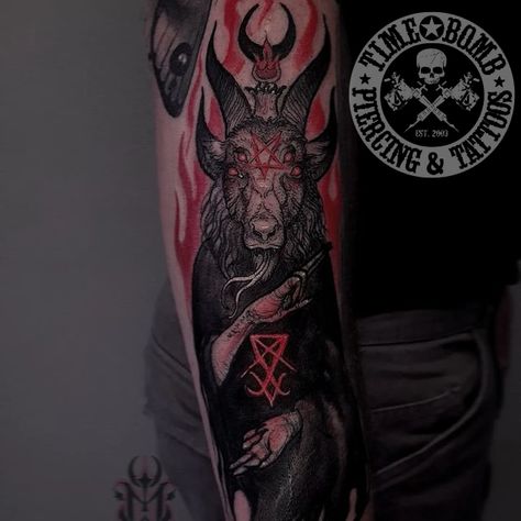 Sigil Of Baphomet Tattoo, Folk Lore Tattoo, Satanic Tattoo Demons, Devil Goat Tattoo, Unholy Tattoo, Baphomet Tattoo Design, Satanic Tattoo Symbols, Satanic Tattoo Design, Satanic Tattoo