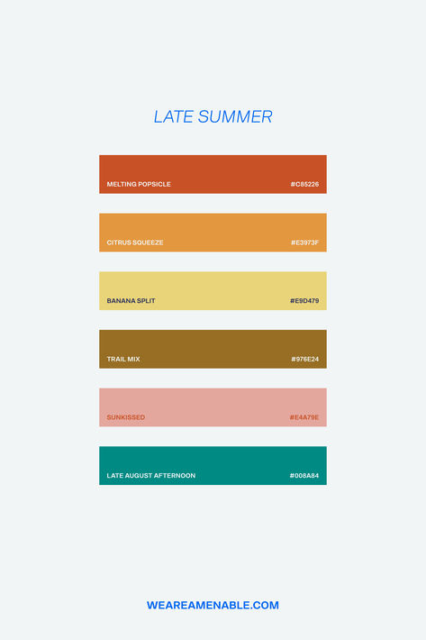 Late Summer Color Palette, Pantone Swatches, Colour Pallets, Palette Design, Color Combinations For Clothes, Baby Greeting Cards, Summer Color Palette, Color Palette Design, Banana Split