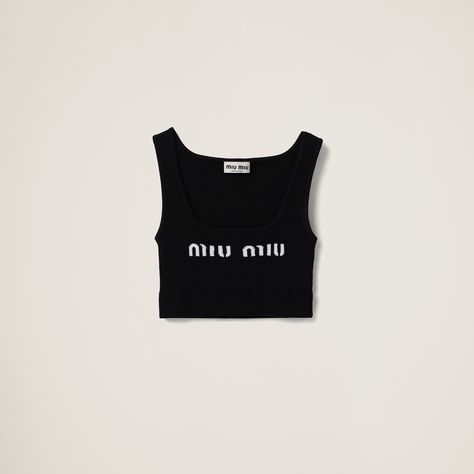 Ribbed knit Cropped fit Ribbed knit trim on the scoop neck and hem Regular shoulder Intarsia logo Miumiu Dress, Miu Miu Top, Womens Cashmere, Chambray Dress, Mohair Sweater, Dolce E Gabbana, Knit Crop, Poplin Shirt, Kpop Outfits