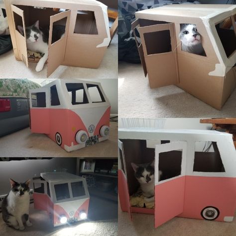 #volkswagon #bus #vw #catbed #diy #cat Volkswagon Bus, Diy Cat Scratcher, Cardboard Cat House, Cat Castle, Groovy Party, Cardboard Car, Cardboard Cat, Cat House Diy, Diy Cat Toys