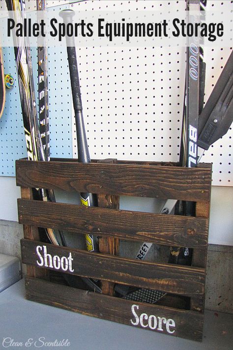 18 Fabulous Fall & Back to School Ideas! Hockey Equipment Storage, Sports Equipment Organization, Sports Equipment Storage, Hockey Bedroom, Sports Storage, Hockey Decor, Hockey Room, Pallet Storage, Pallet Projects Easy