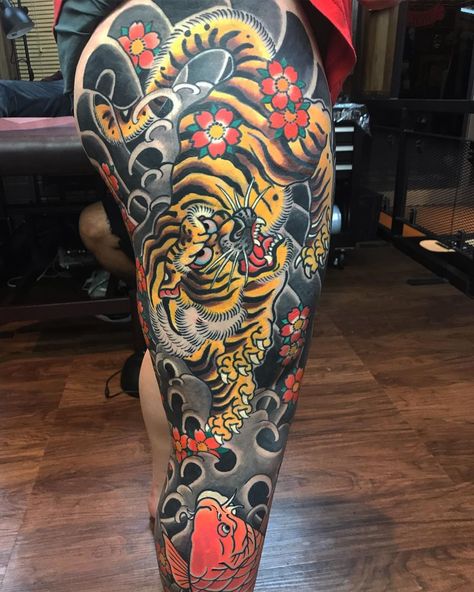 #Tattoos,Japanese tattoos1 Tiger Leg Sleeve, Tiger Leg Tattoo, Elaborate Tattoos, Tiger Tattoo Designs, Japanese Tattoo Meanings, Courage Tattoos, Japanese Leg Tattoo, Tattoos Japanese, Japanese Tiger Tattoo