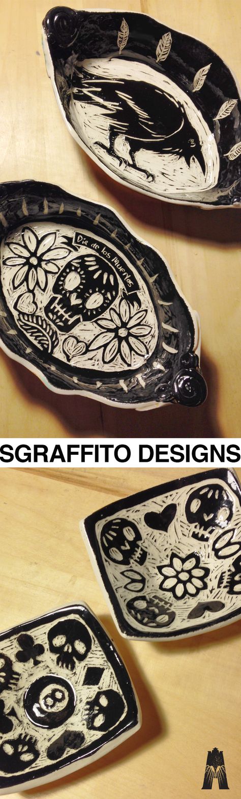 Creative  "boat" style dishes with raven & Day of the Dead designs. Miniature trays wit skull motifs, perfect for holding used teabags, small jewelry items or cone incense. Ceramics Scrafitto, Underglaze Sgraffito, Skull Pottery, Woodburning Crafts, Fall Pottery, Pottery Sgraffito, Sgraffito Pottery, High School Ceramics, Boat Style