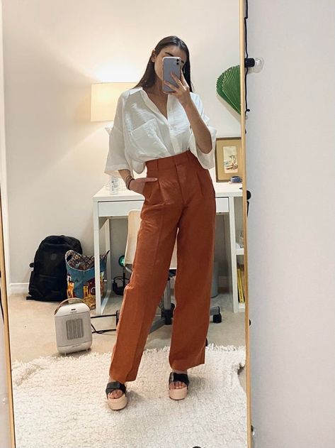 Orange Cords Outfit, Terracotta Pants Outfit, Rust Colored Wide Leg Pants Outfit, Flowy Brown Pants Outfit, Burnt Orange Linen Pants Outfit, Burnt Orange Trousers Outfit, Terracotta Pants Outfits, Carrot Pants Outfit, Orange Trousers Outfit