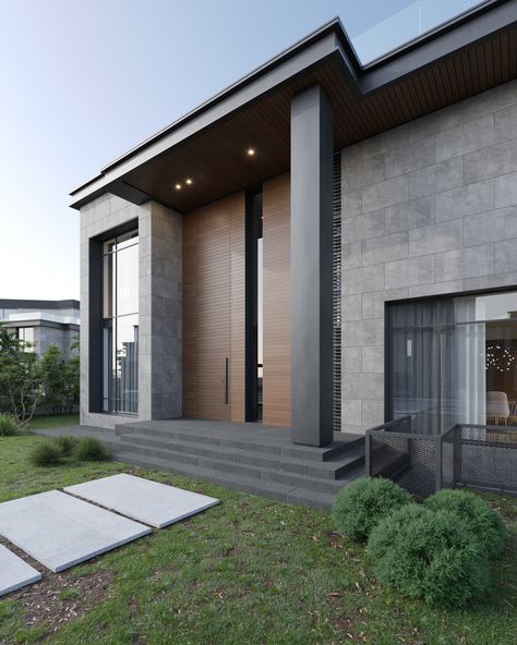 Stand Alone Villa Design Proposal on Behance High Doors Entrance, Mood Board Exterior Design, Villa Facade Design, Home Exterior Ideas, Villa Exterior Design, Painted Brick Exteriors, Stone Exterior Houses, Mountain Home Exterior, Luxury Villa Design