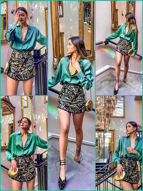 Green Silk Shirt Outfit, Green Satin Shirt Outfit, Silk Button Down Shirt Outfit, Pink Sweater Outfit, Christmas Fashion Outfits, Outfit Dinner, Outfits Stylish, Mini Prom Dresses, Black Floral Maxi Dress