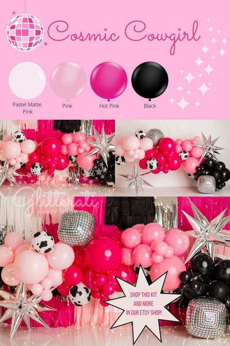 Cowgirl Balloon Arch, Cowgirl Balloon Garland, Disco Cowgirl Theme, Paris Party Decorations, Diy Balloon Arch, Cowgirl Bachelorette Party, Cosmic Cowgirl, Bachelorette Balloons, Cowgirl Bachelorette Parties