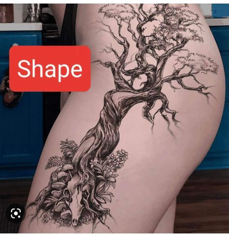 Tree Leg Tattoo For Women, Woman Tree Tattoo, Tree Thigh Tattoo, Tree Sleeve Tattoo, Tree Tattoo Back, Nature Tattoo Ideas, Anatomy Tattoo, Side Thigh Tattoos, Mother Nature Tattoos