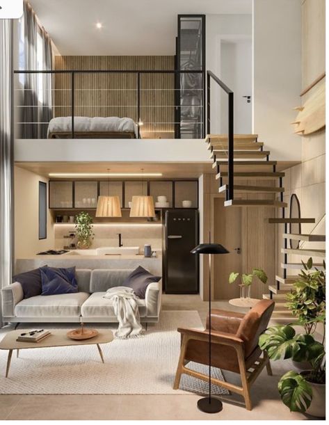 Small Loft Apartment Studio Apt Tiny Spaces, Duplex Interior, Small Loft Apartment, Boutique Hotels Interiors, Tiny Loft, Loft House Design, Studio Apartment Living, Casa Loft, Small Apartment Interior