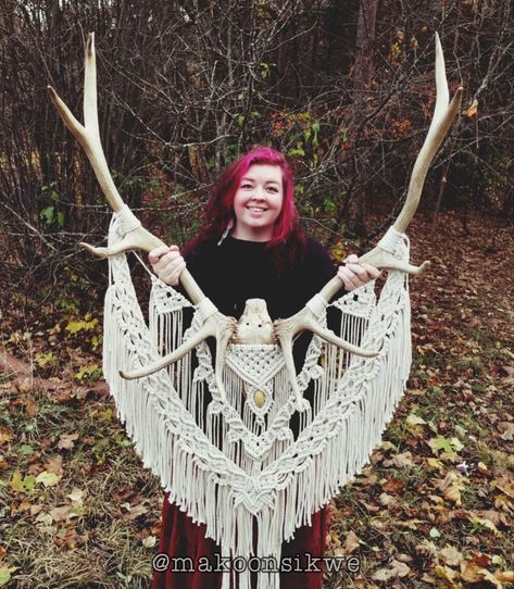 Elk Antler Macrame Wall Art Antler Macrame, Elk Skull, Vintage Witch Art, Elk Antler, Elk Antlers, Wall Hanging Crafts, Macrame Wall Art, Macrame Hanging, Macrame Ideas